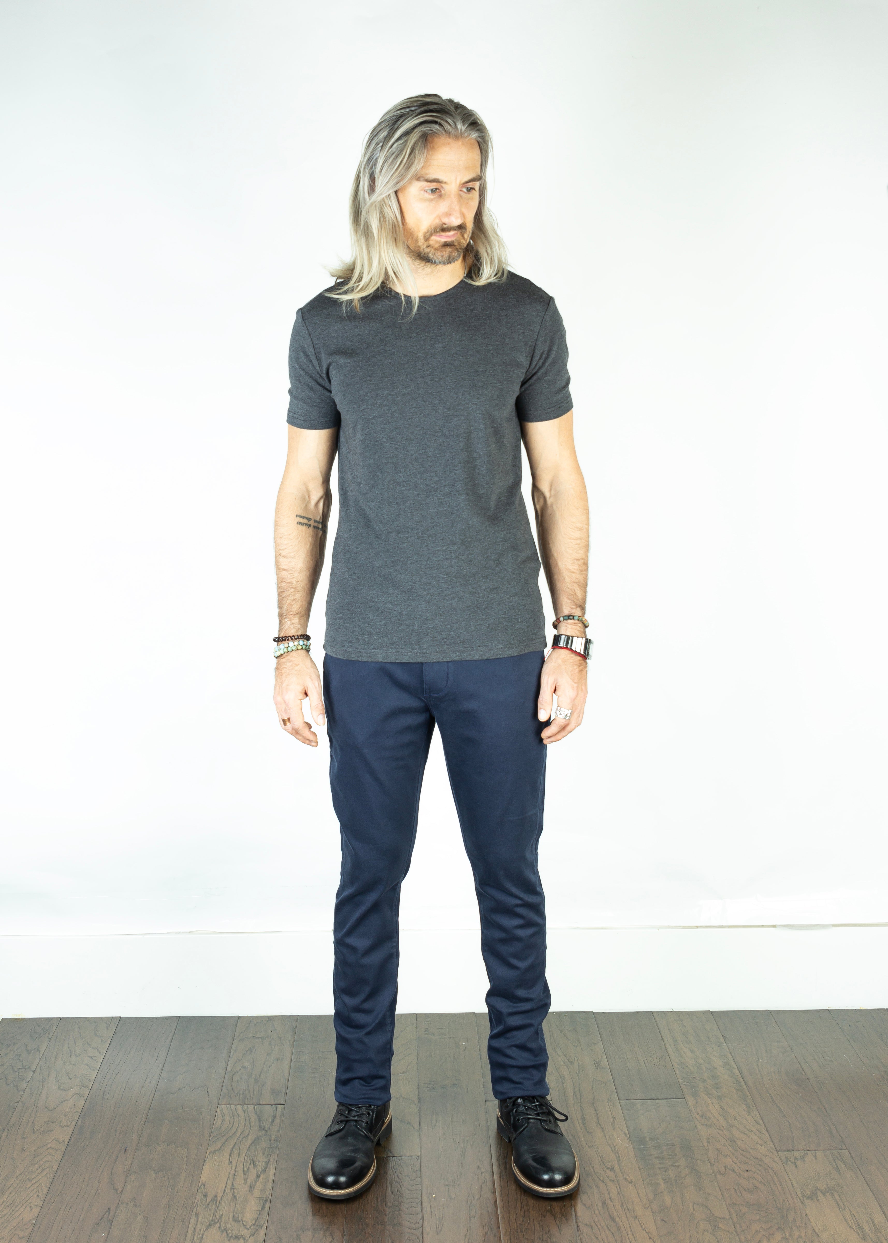 Blade Infinite Navy Slim Tapered Jeans worn by model, demonstrating the perfect slim tapered fit and lasting comfort.