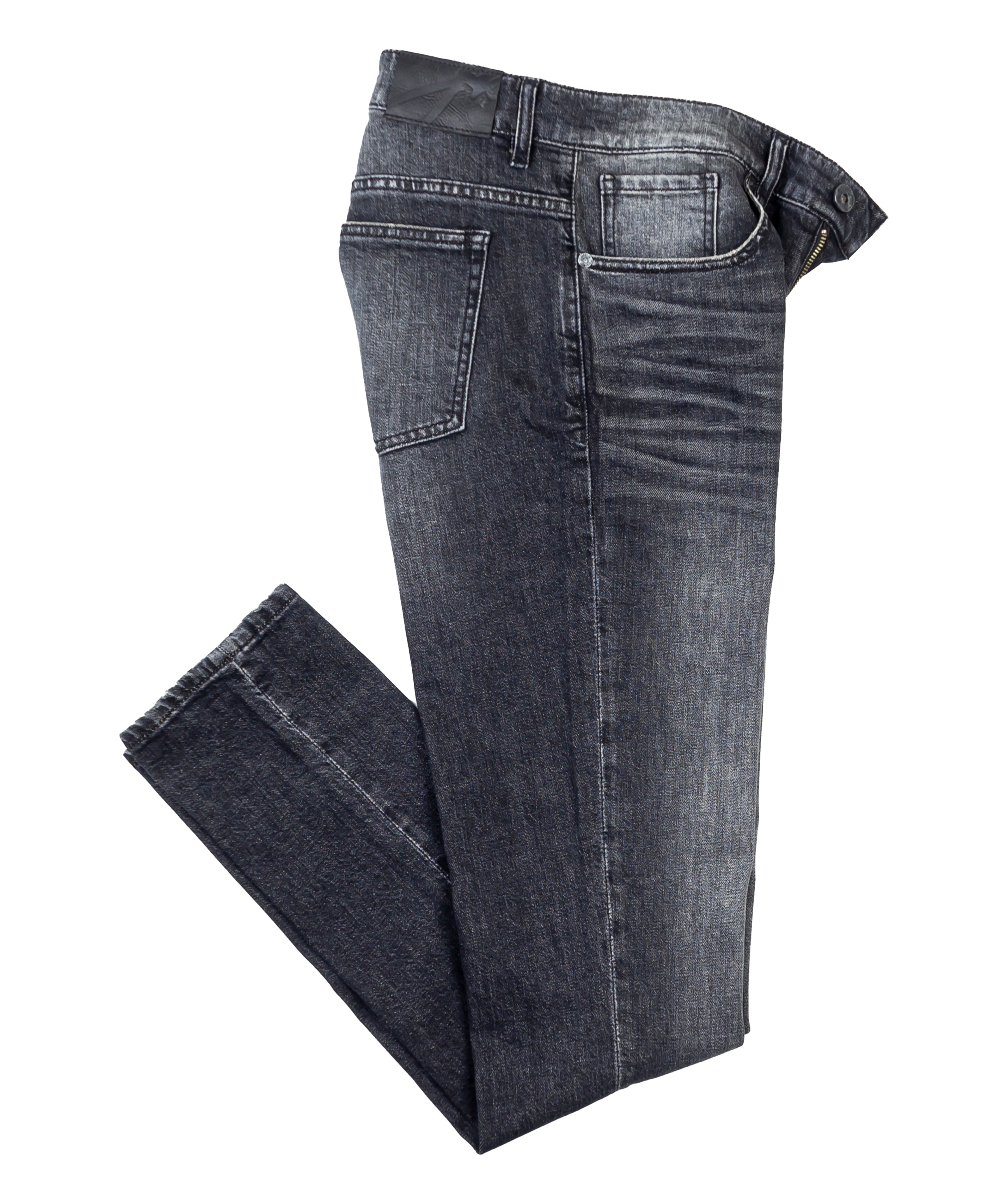 Blade Smoke Slim Tapered Fit Jeans folded flat, showcasing the premium Italian fabric and vintage black style.