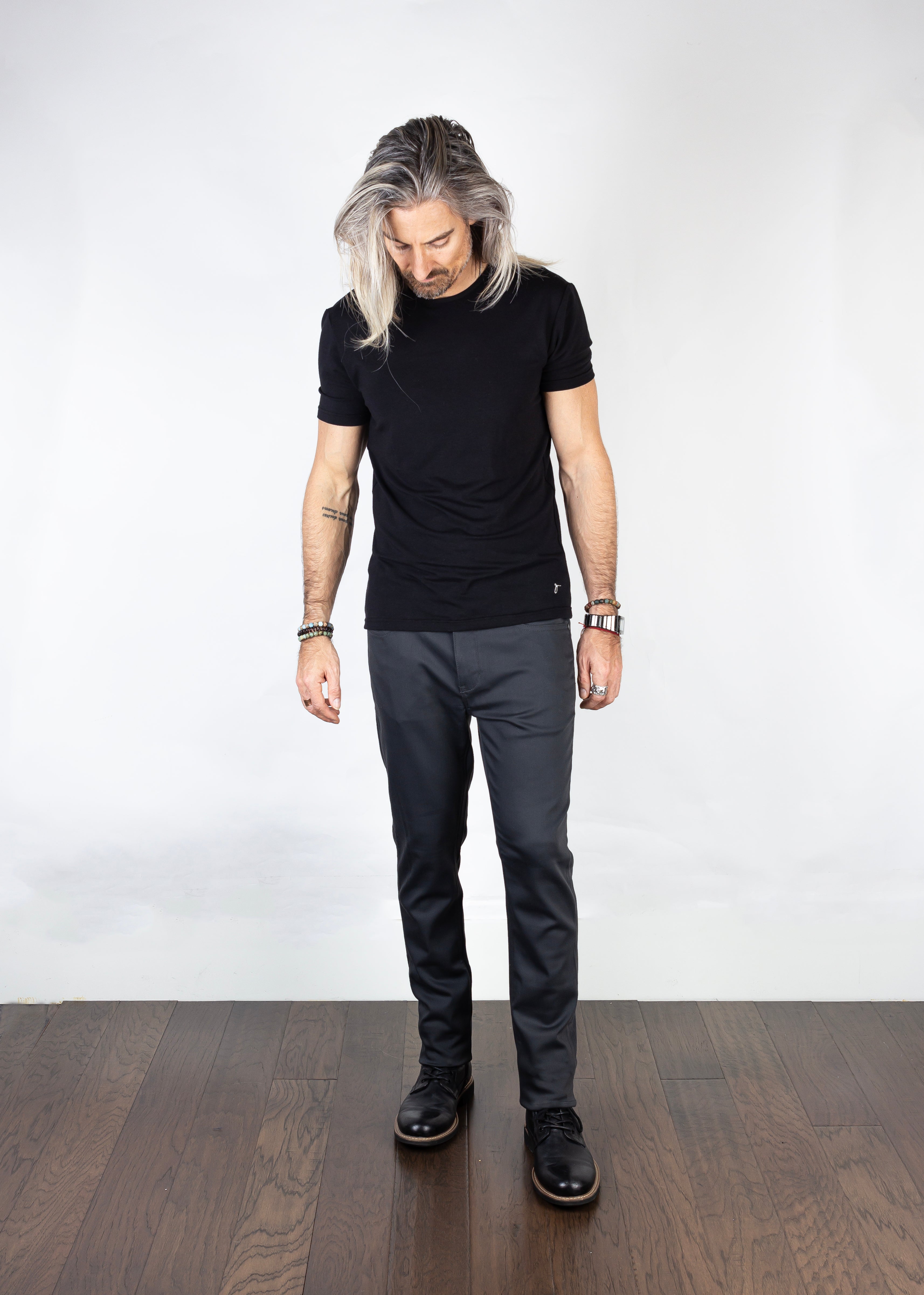 Front model shot of Blade Infinite Grey Slim Tapered Jeans displaying the slim tapered fit.