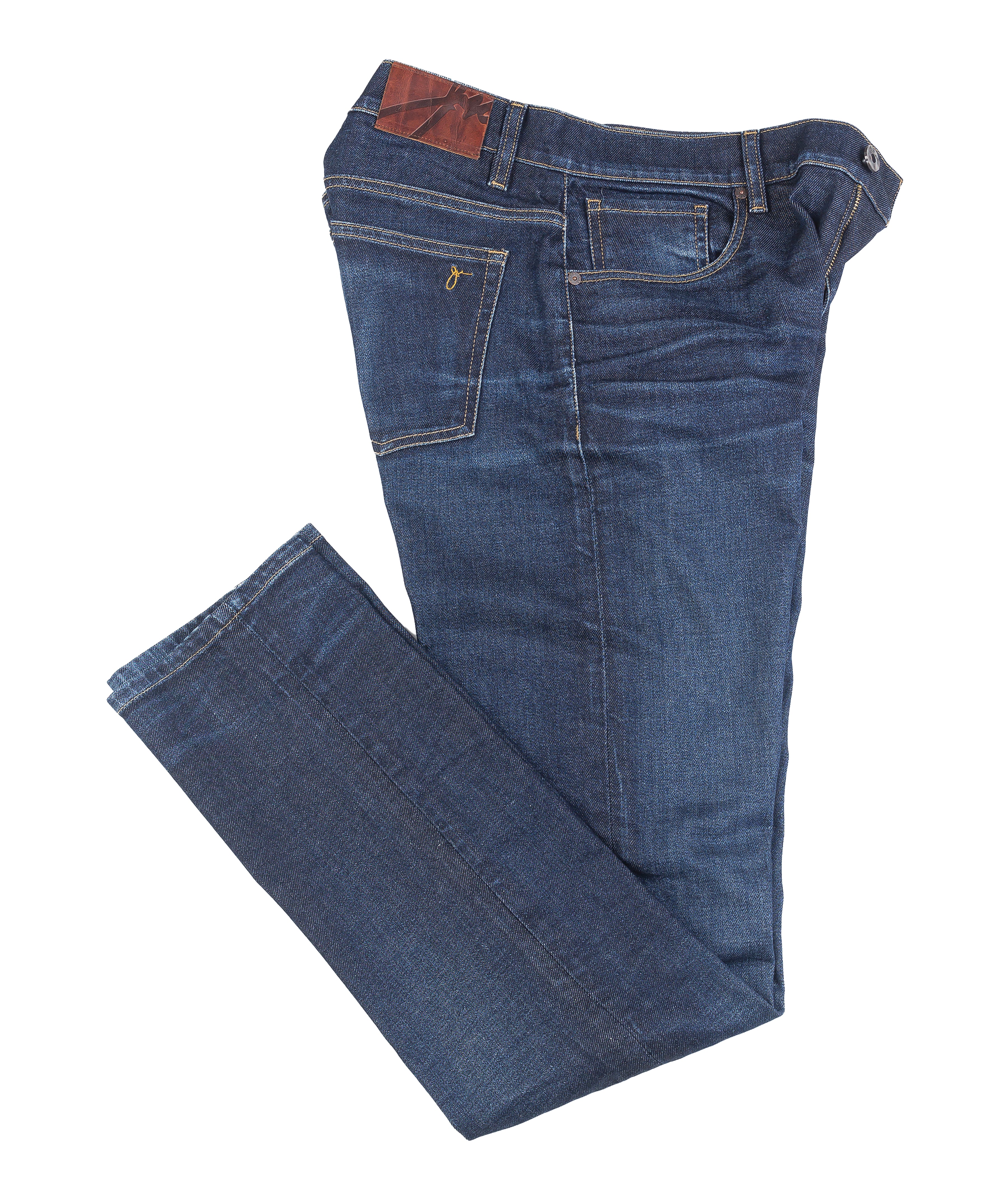 Axe Fuse Slim Straight Comfort Fit Jeans in a folded flat lay, showcasing their sleek, modern design and premium eco-friendly materials with a classic finish.