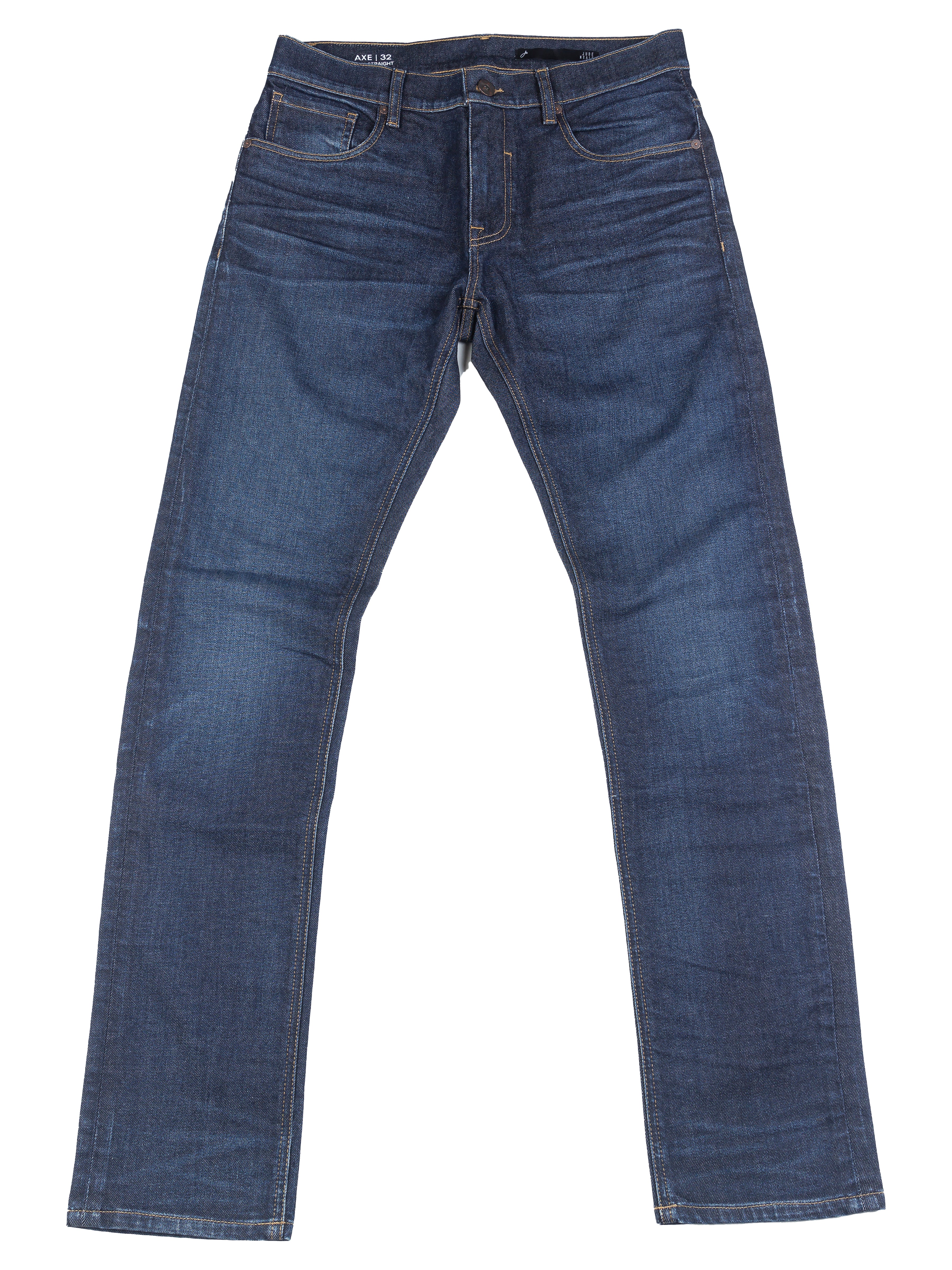 Axe Fuse Slim Straight Comfort Fit Jeans in an unfolded flat lay, featuring premium Italian denim, eco-friendly air washing, and a sustainable, timeless look.
