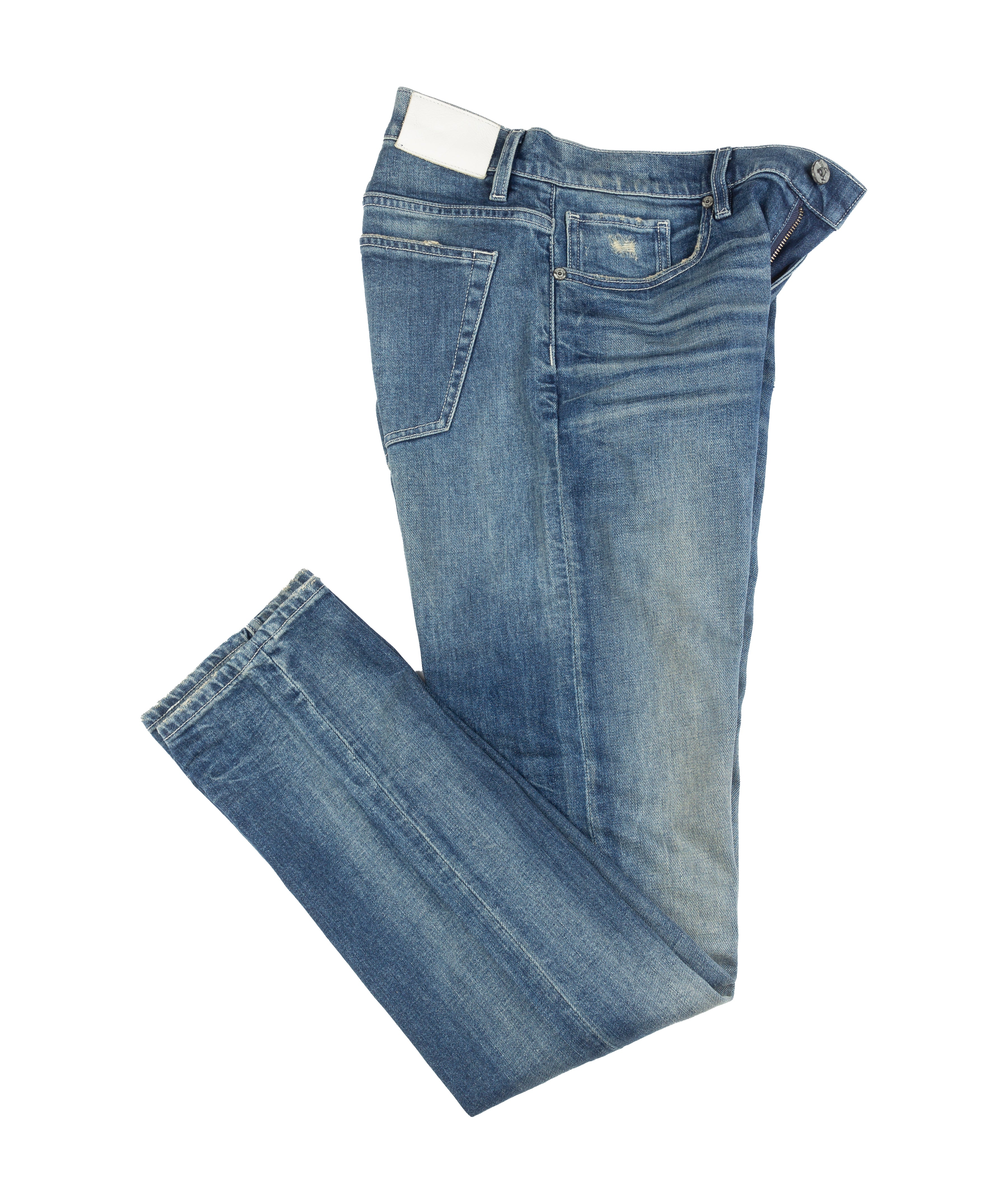Folded flat lay of Axe Lazuli Slim Straight Comfort Fit Jeans made from premium Italian denim in a vintage blue wash.