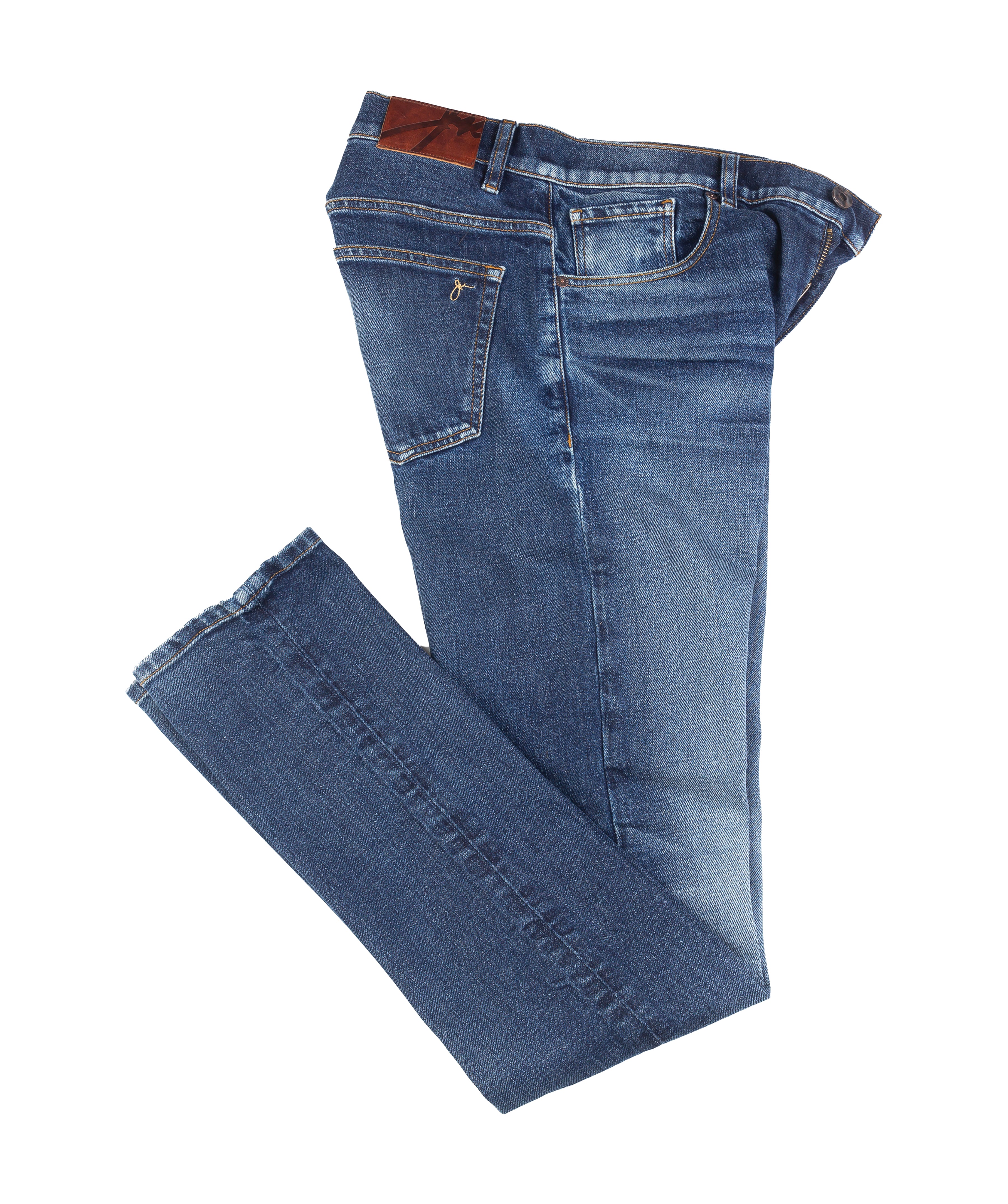 Axe Oxford Slim Straight Comfort Fit Jeans in a folded flat lay, showcasing their timeless craftsmanship and eco-friendly processing with a premium Italian denim finish.