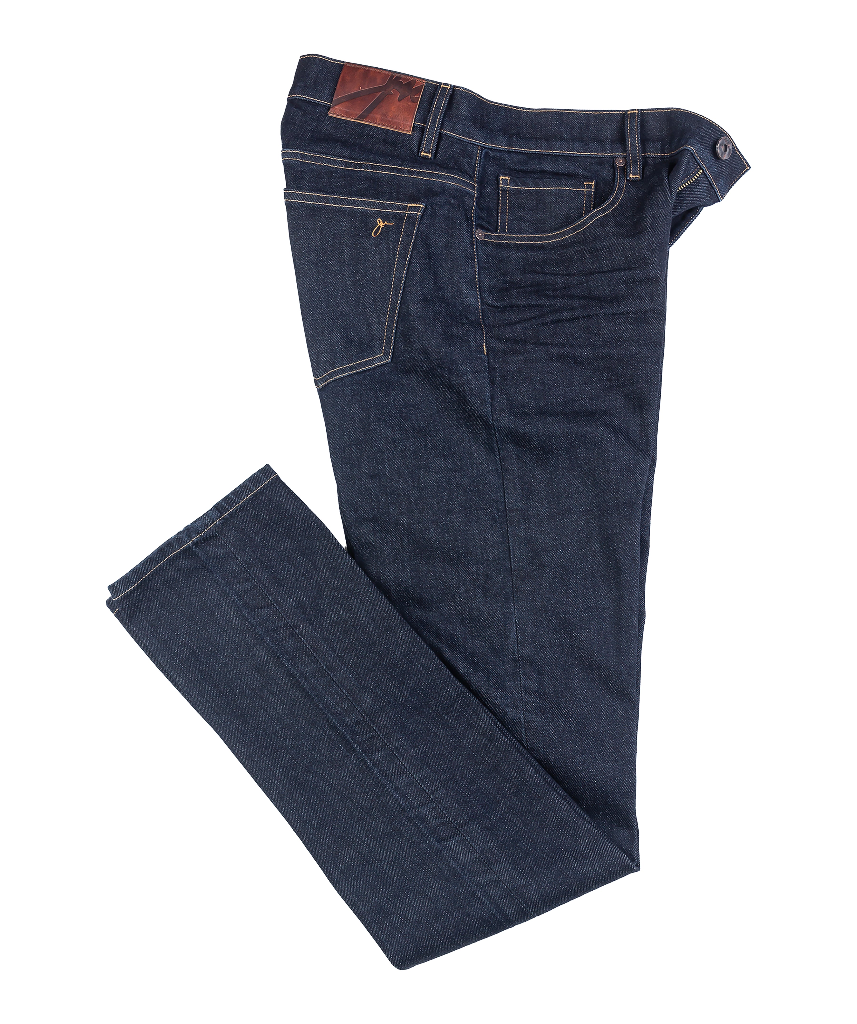 Axe Raw Slim Straight Comfort Fit Jeans in a folded flat lay, showcasing artisan craftsmanship, premium Italian denim, and sustainable design.
