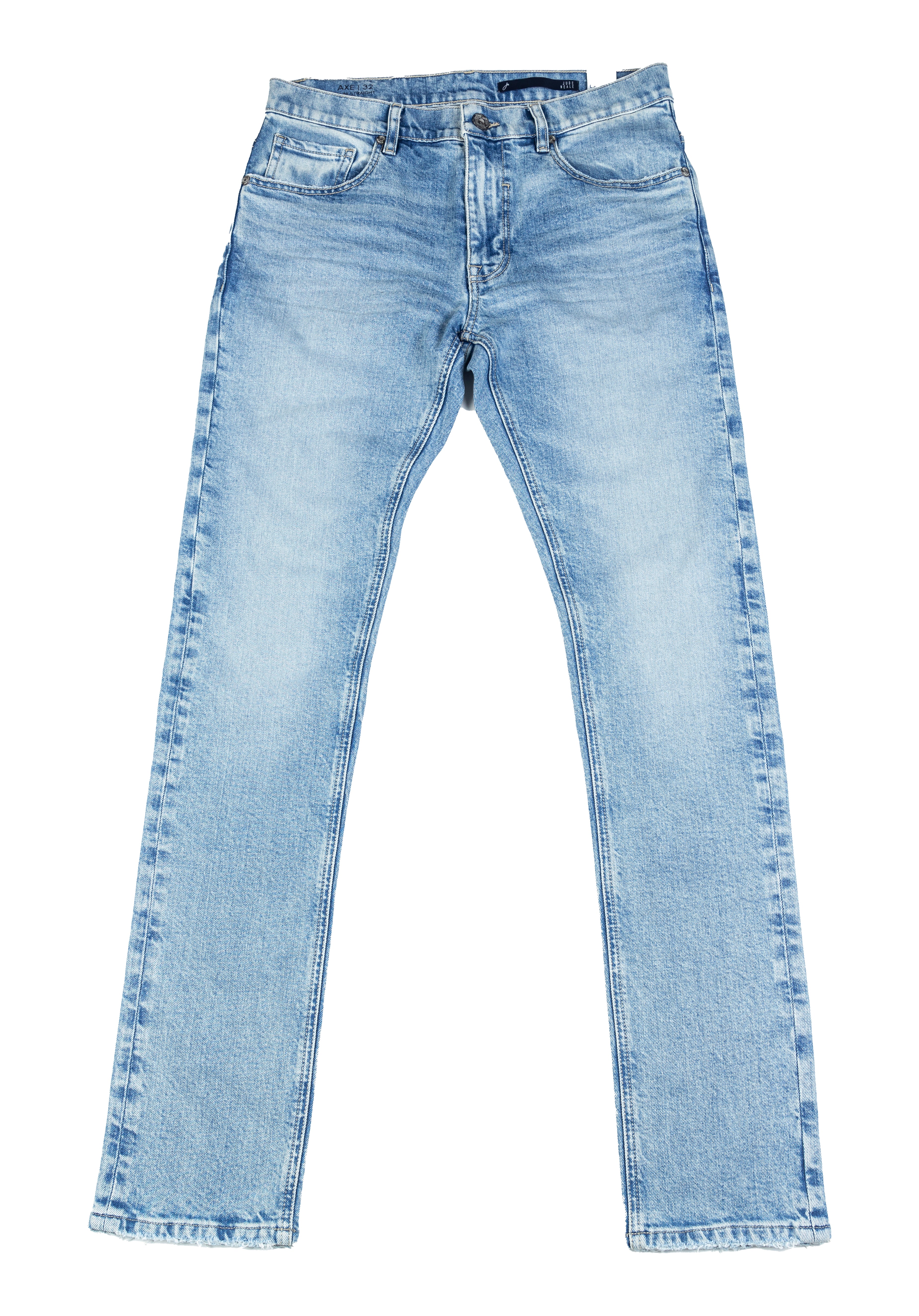 Axe Vintage Slim Straight Comfort Fit Jeans in an unfolded flat lay, highlighting their premium Italian denim, sustainable materials, and 10-year aged wash.