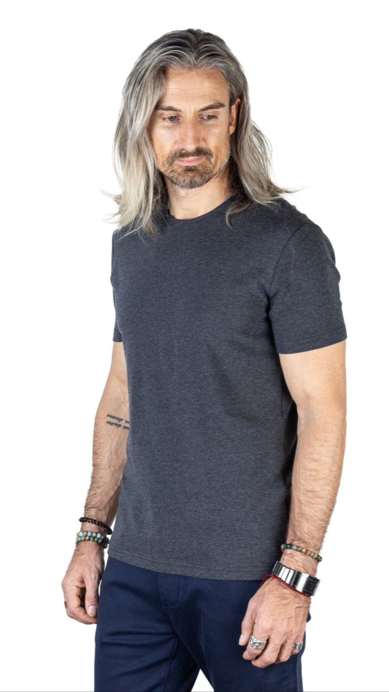 Model wearing the Bolt Slim Fit Luxury Short Sleeve T-Shirt in Grey Mix, front-facing, highlighting its slim fit, sustainable Lyocell and organic cotton blend, and sleek design.