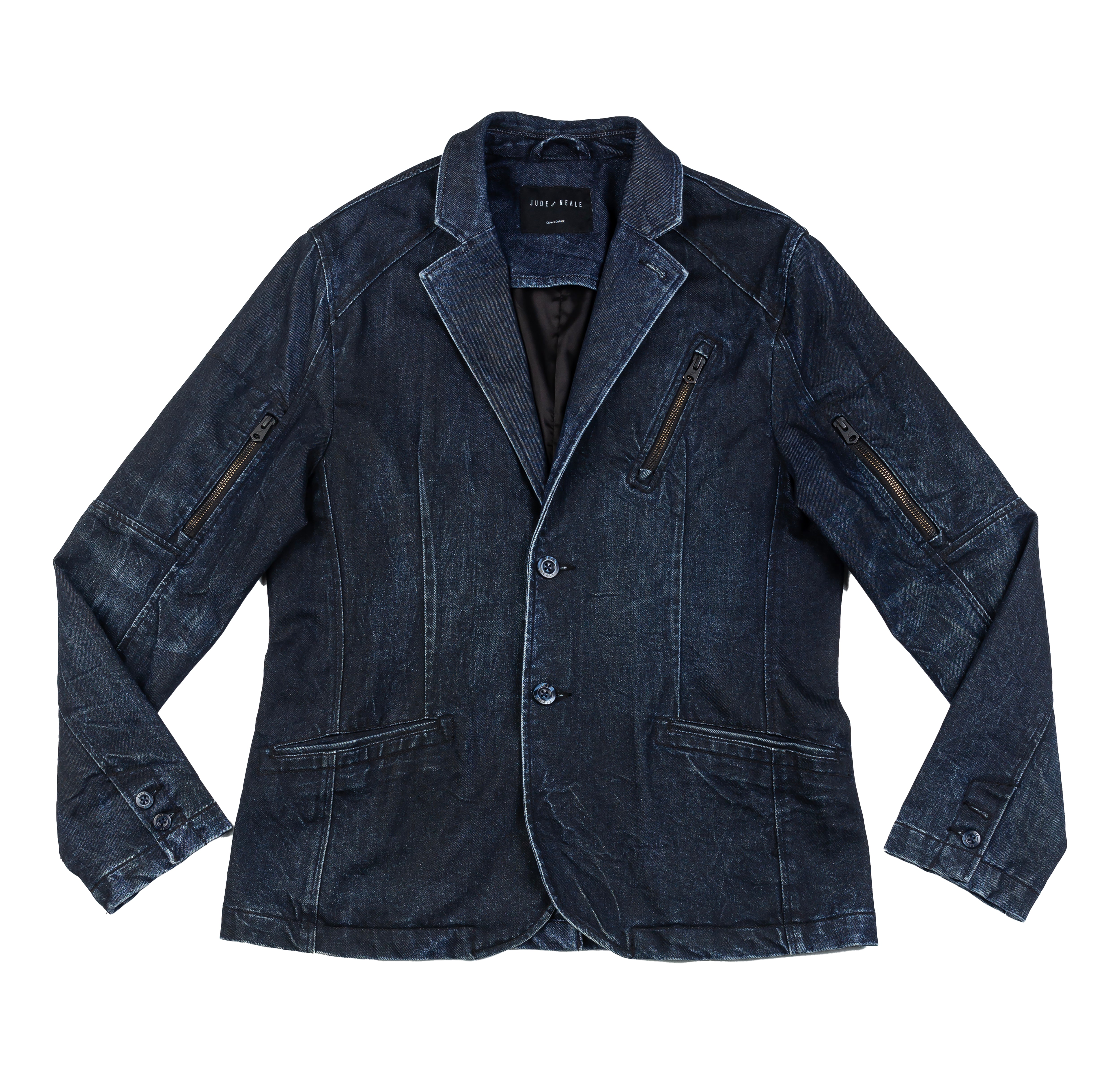 Engineered Slim Denim Jacket in Zip Ice flat lay, featuring a raw ice finish, angled panels, and bold black metal zippers for a sleek, modern look.