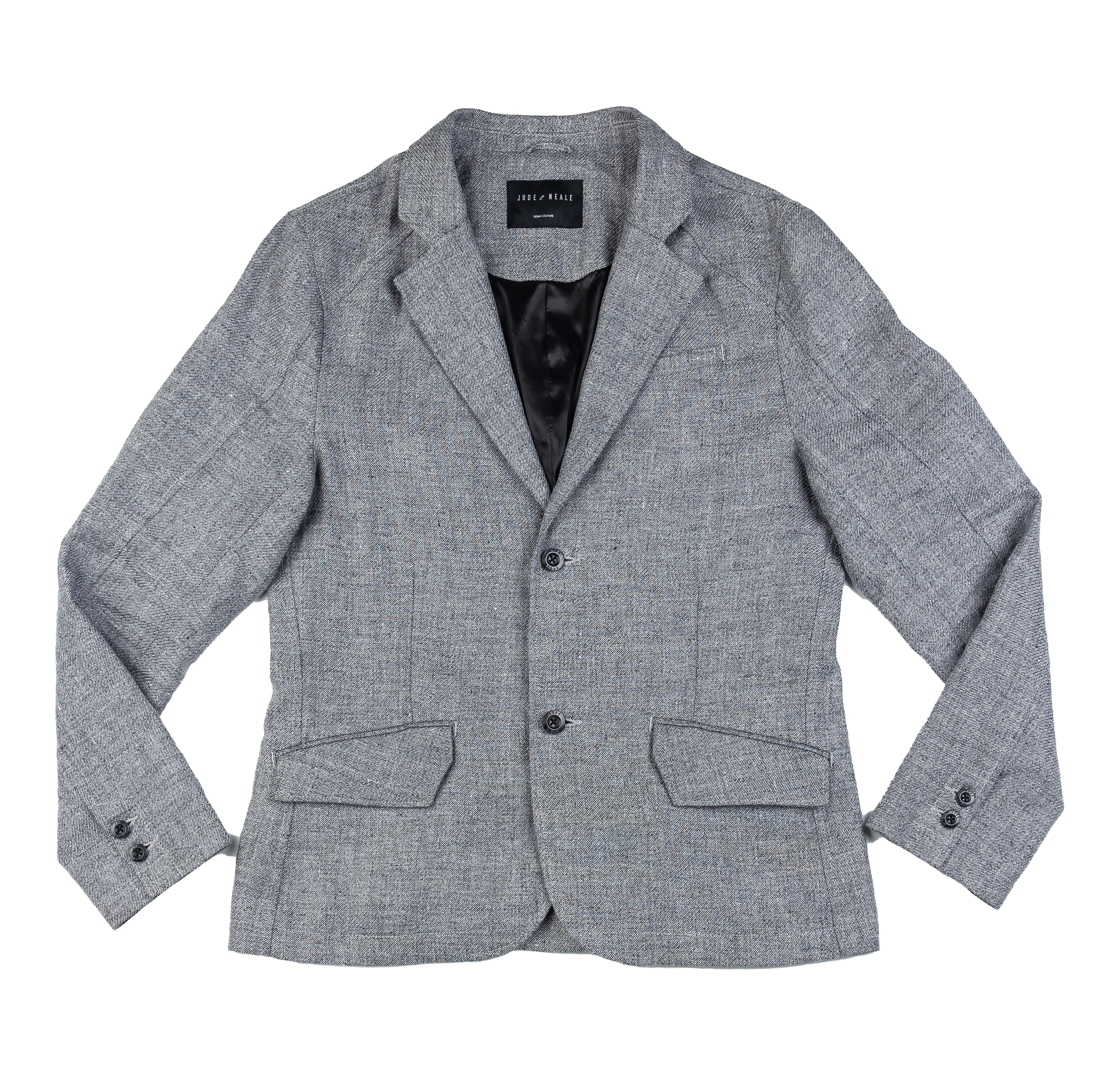 Engineered Slim Linen Jacket in Fermi Grey flat lay, featuring angled panels, stylized seams, and a luxurious finish.