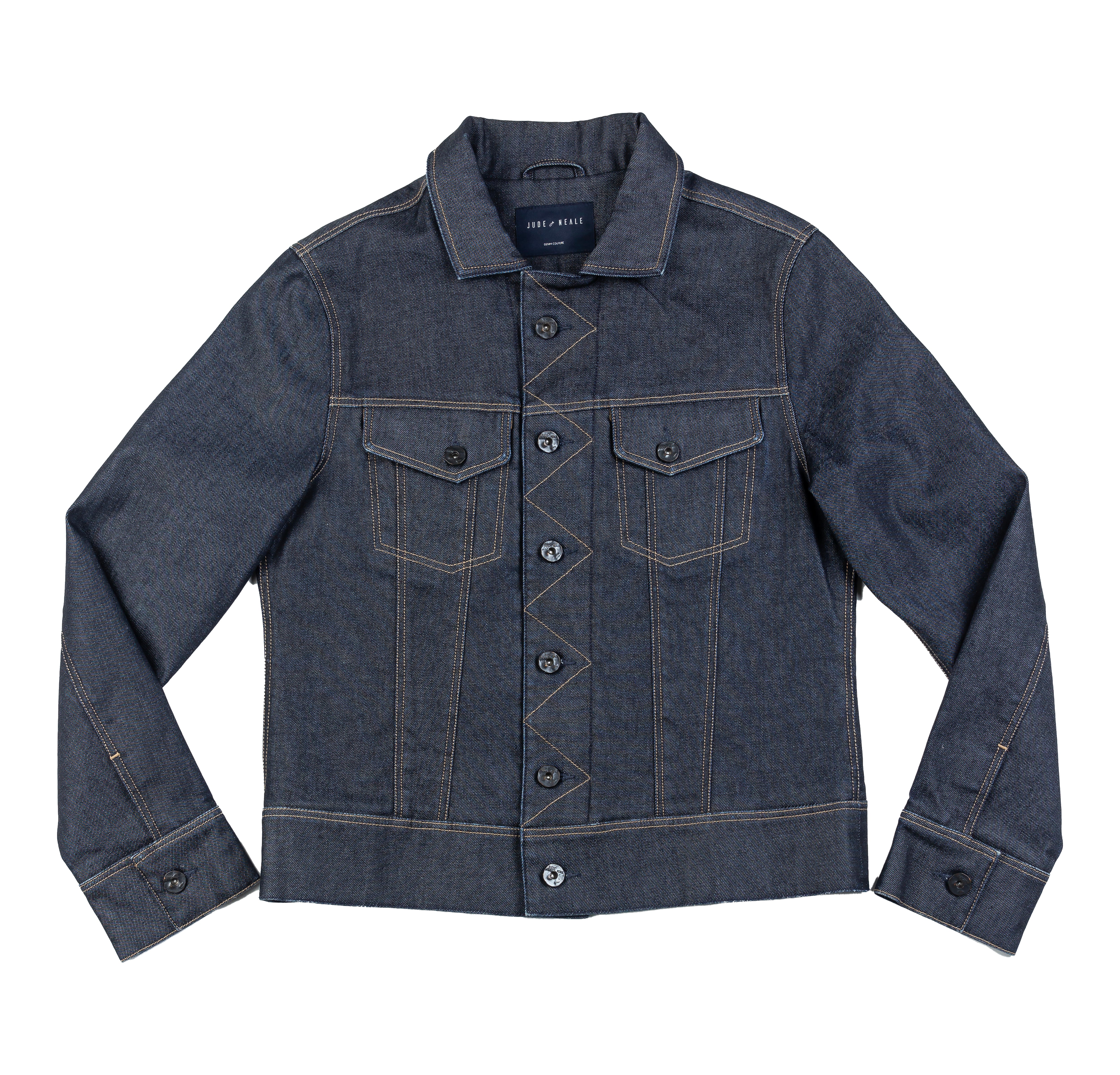 Hawk Raw Slim Fit Denim Jacket in a flat lay, highlighting its timeless design, raw wash finish, and functional flap pockets.