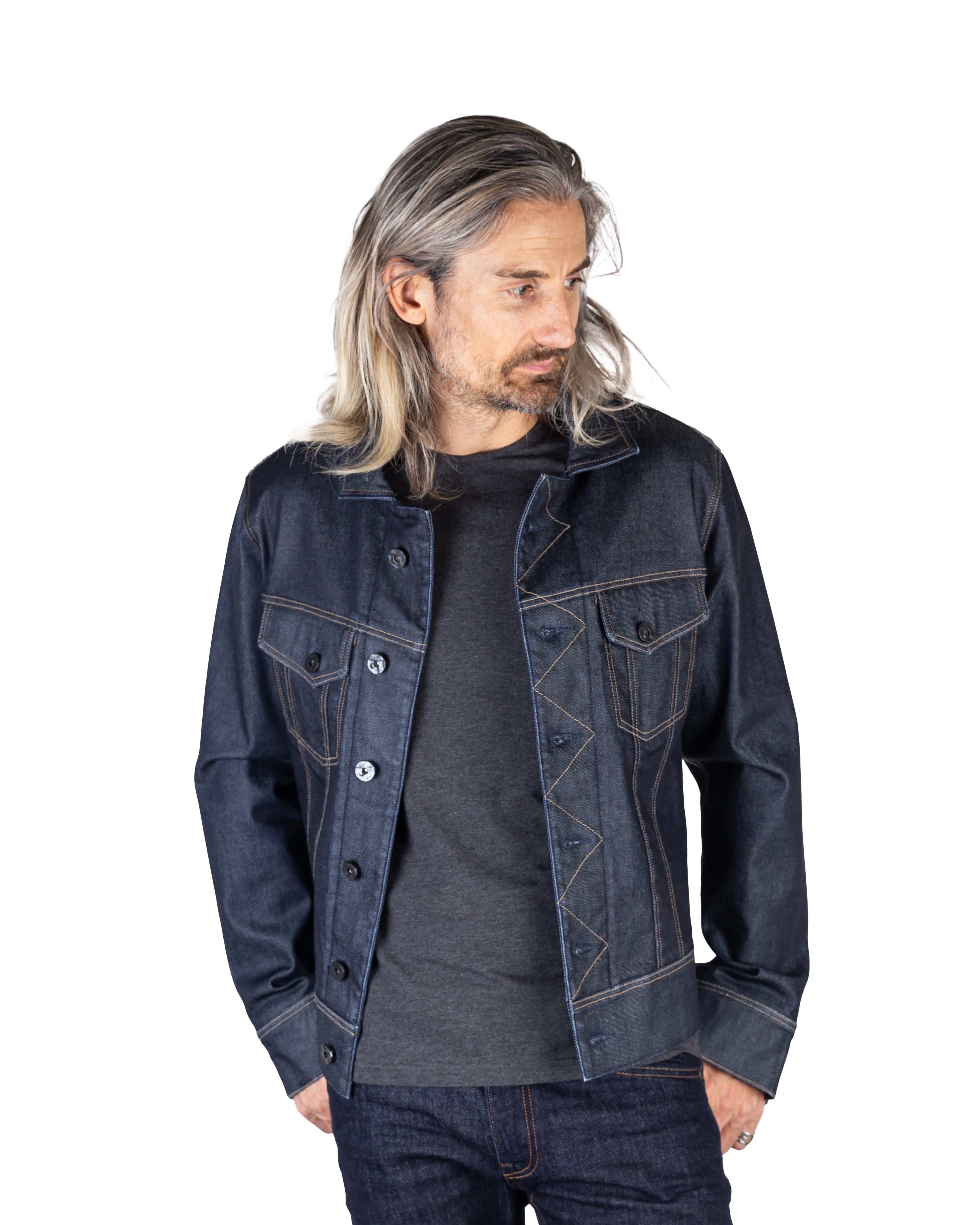 Model wearing the Hawk Raw Slim Fit Denim Jacket, front-facing, showing its classic cut and raw wash finish.