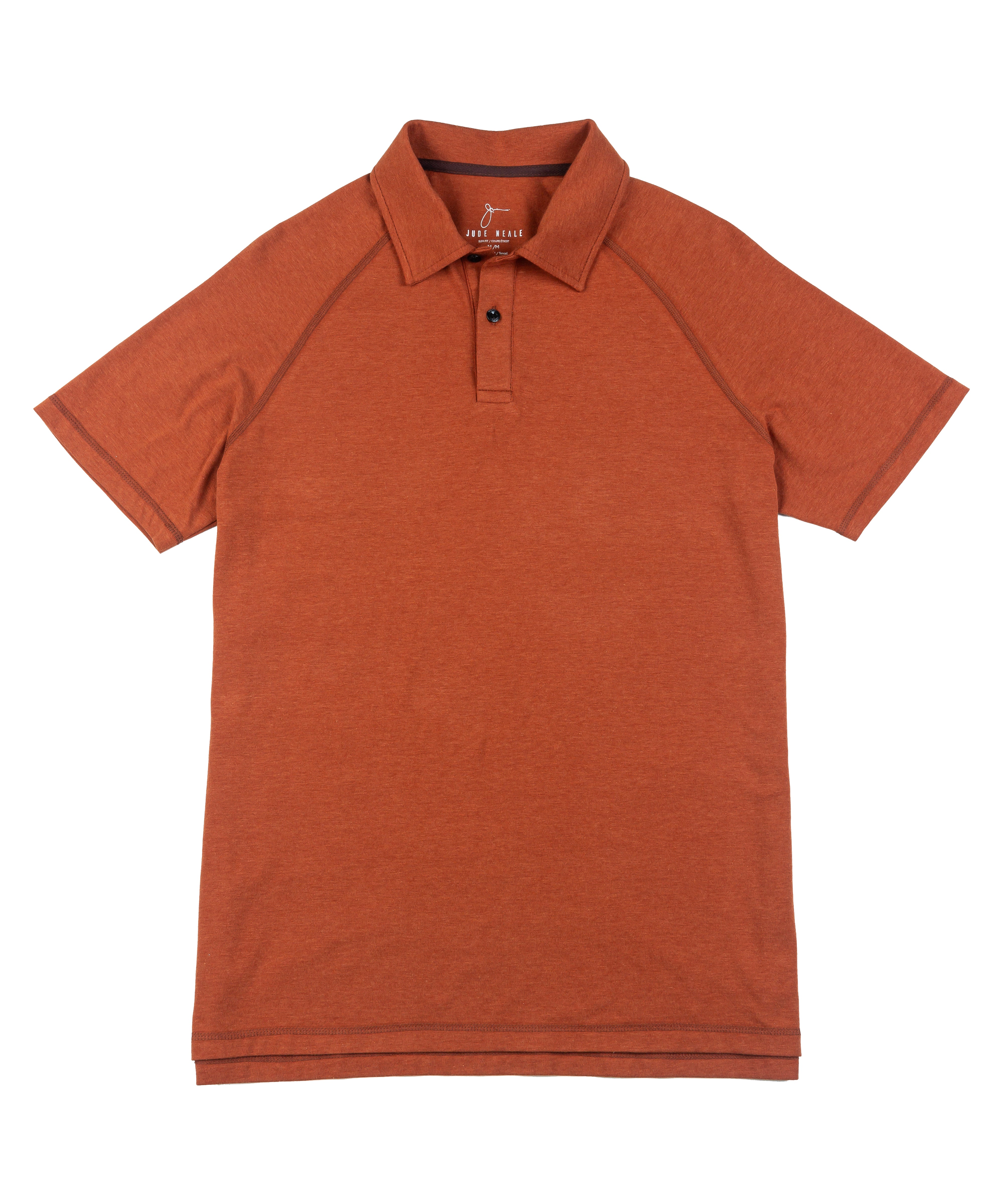 Rust Jesse Slim Fit Polo in a flat lay, highlighting its rich tone and tailored fit.