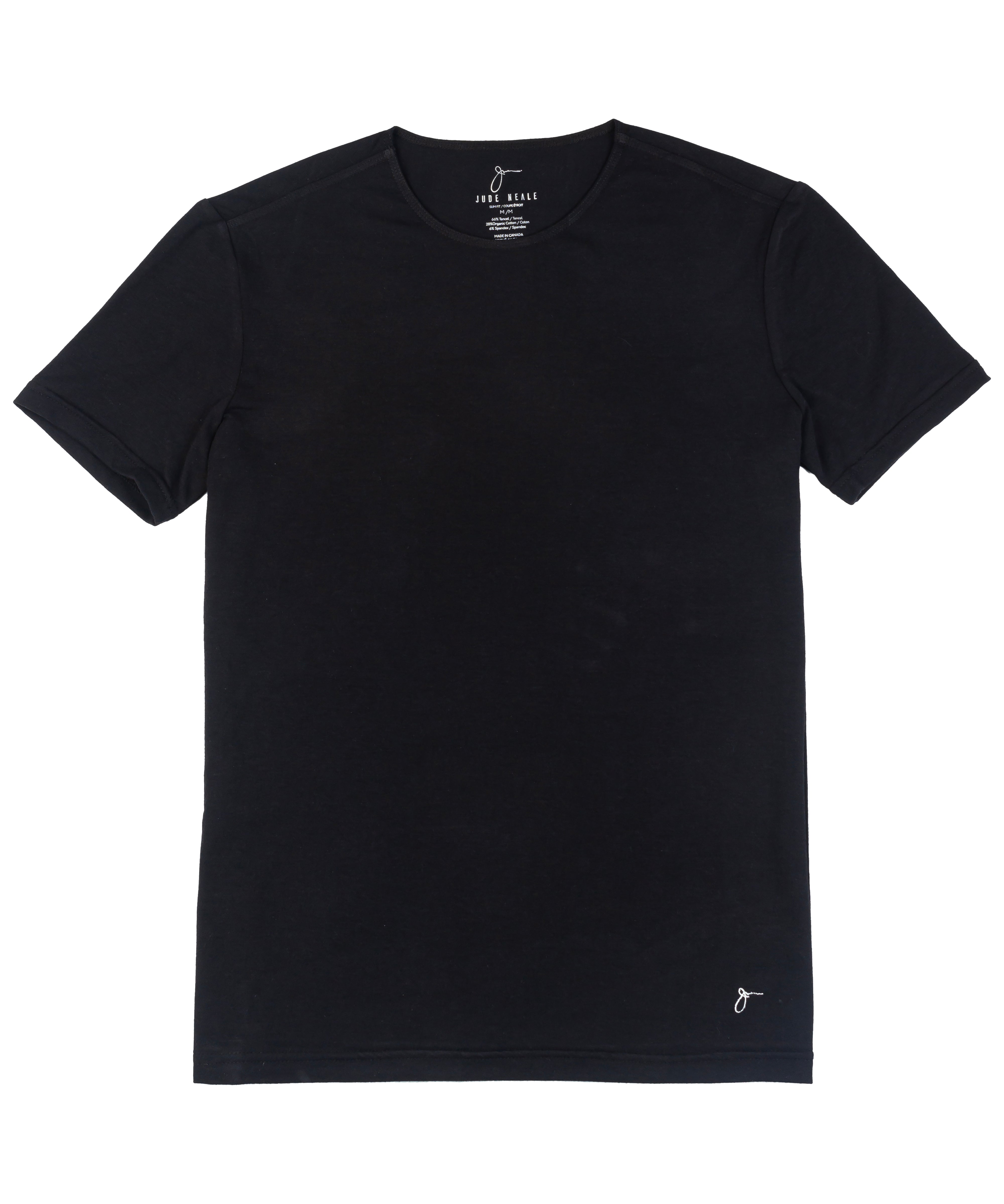 Slim Fit Luxury Short Sleeve T-Shirt in Black flat lay, crafted from eco-friendly Lyocell fibers and organic cotton, showcasing its sleek, minimalist design and premium fabric.