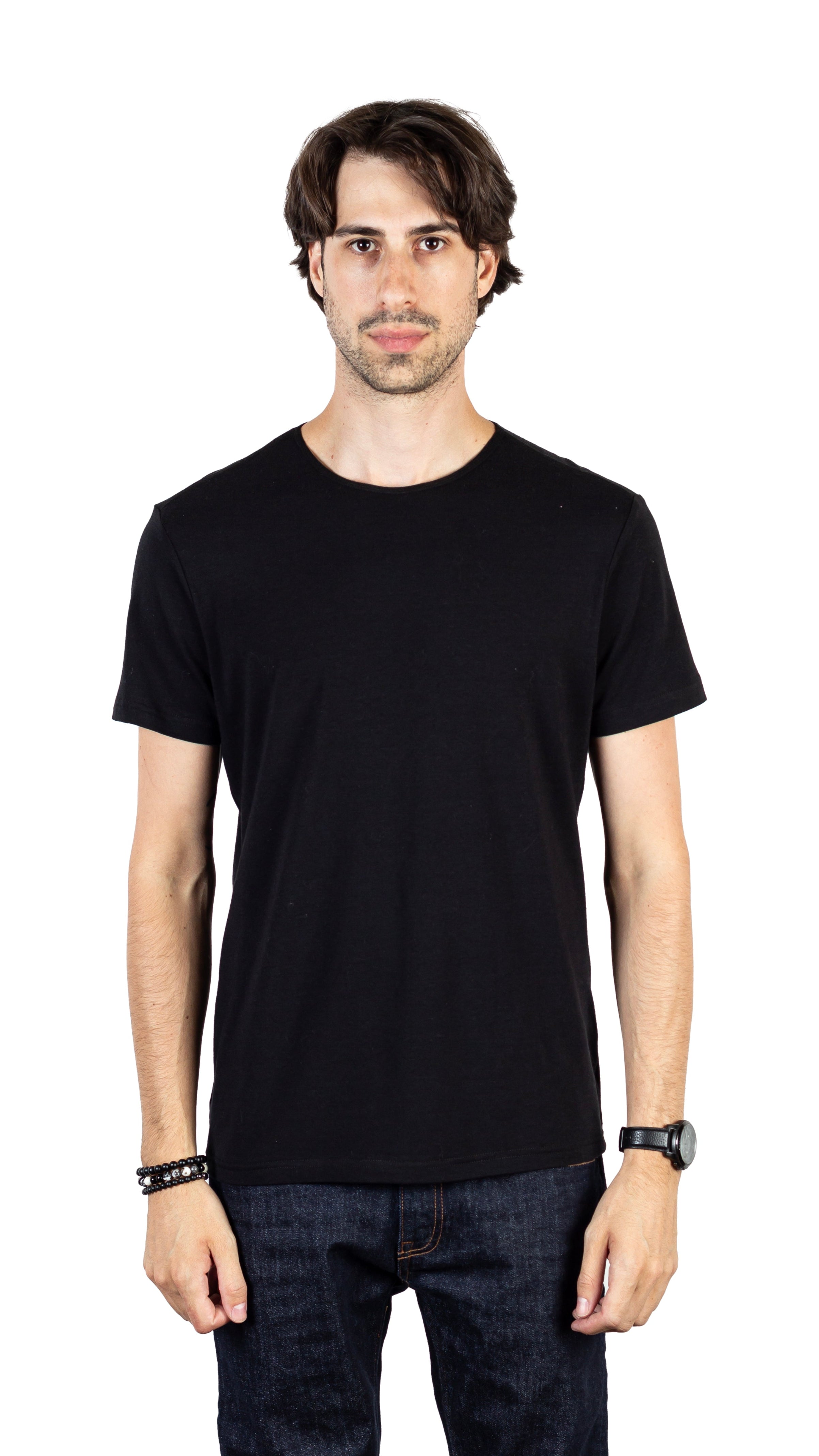 Model wearing the Slim Fit Luxury Short Sleeve T-Shirt in Black, front-facing, highlighting its sleek slim fit and eco-friendly, premium fabric.