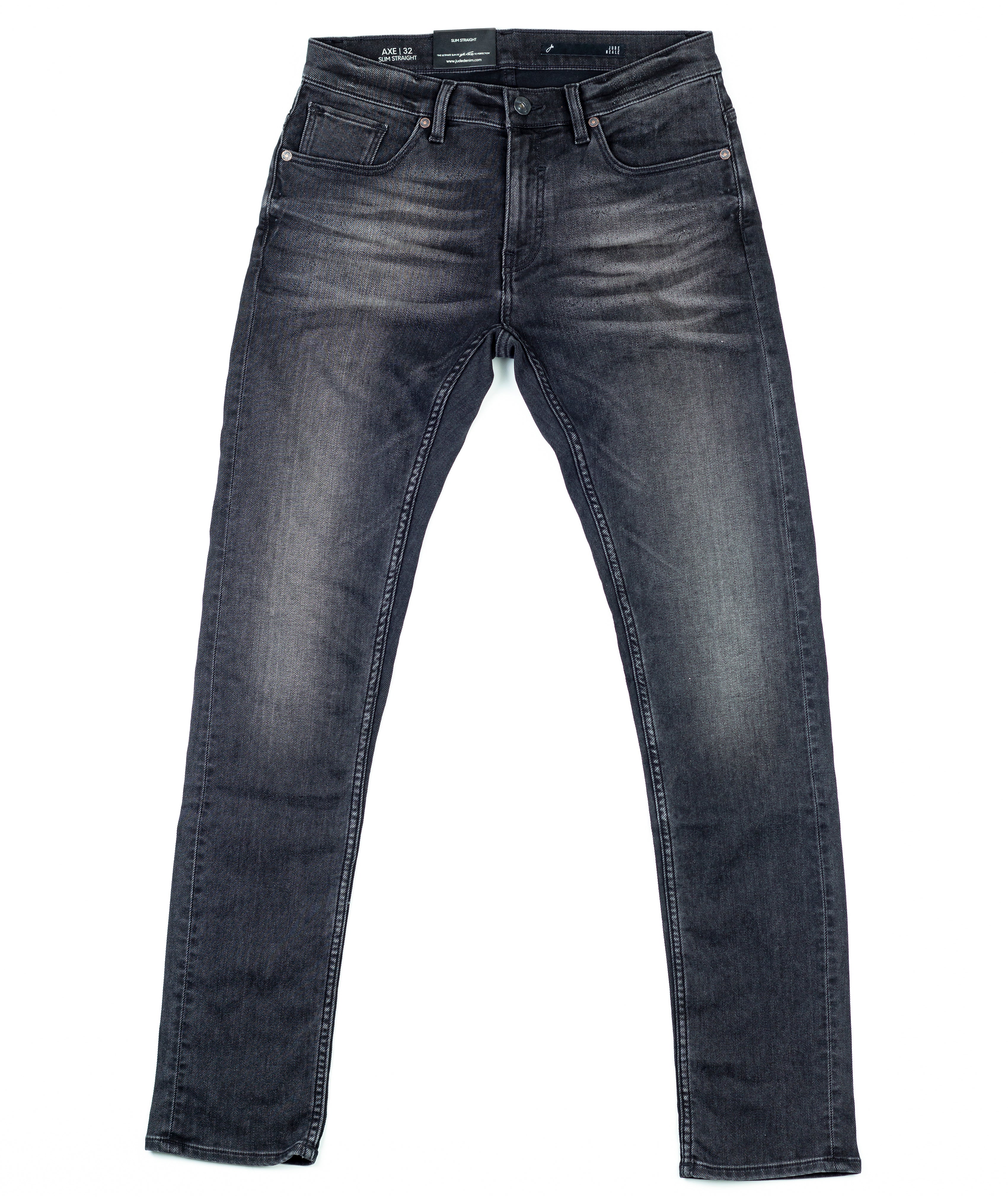 Axe Smoke Slim Straight Comfort Fit Jeans in an unfolded flat lay, showcasing the unique denim weave and luxurious soft texture crafted from sustainable materials.