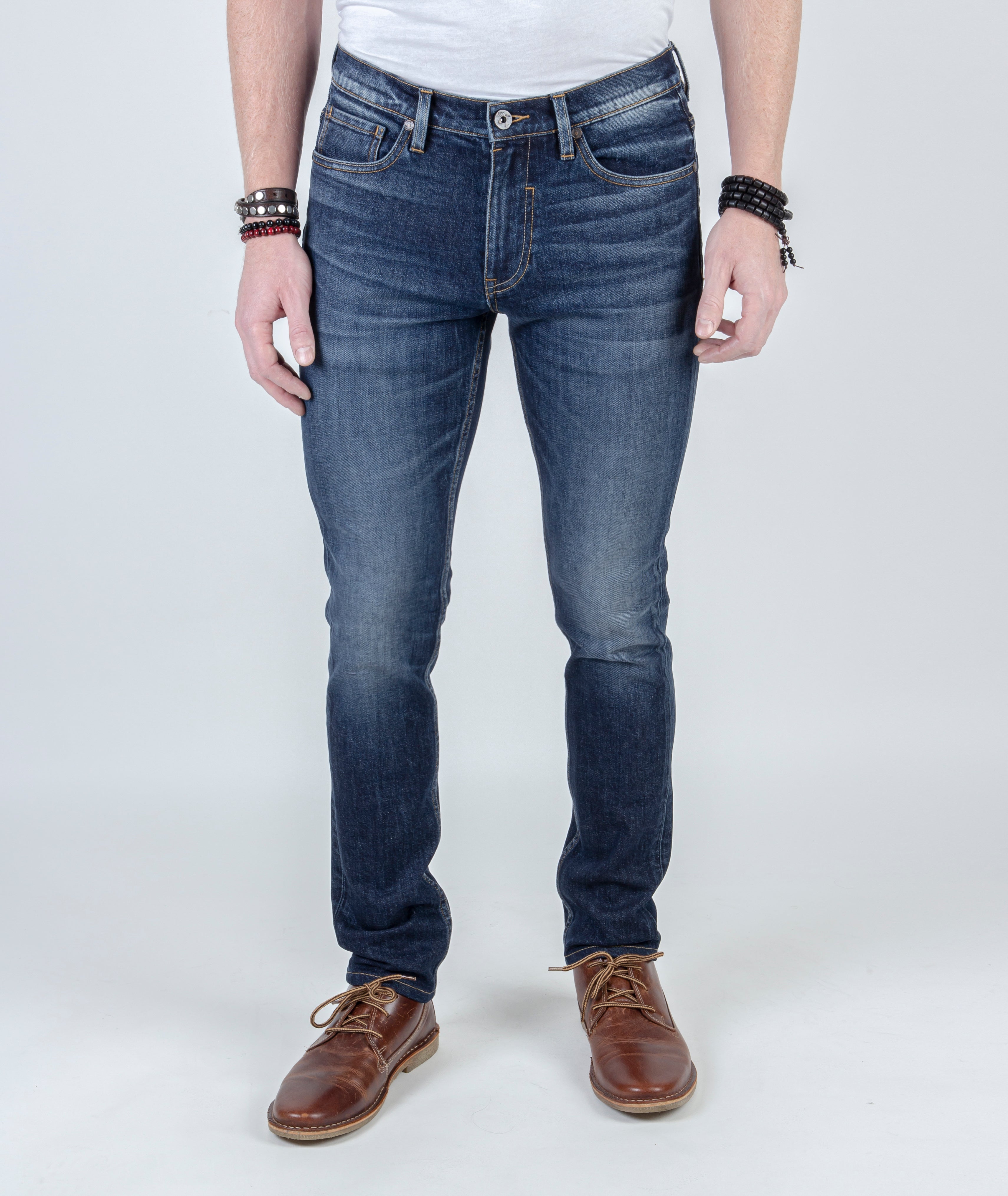 Model wearing Blade Oxford Slim Tapered Fit Jeans front view, showcasing the flattering fit and vintage-inspired look.